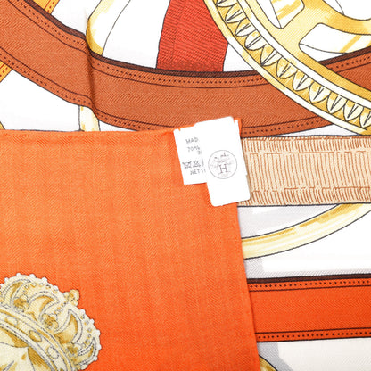 Hermes Cashmere Silk Cavalcadour Shawl 140 Orange White Brun 5 of 6