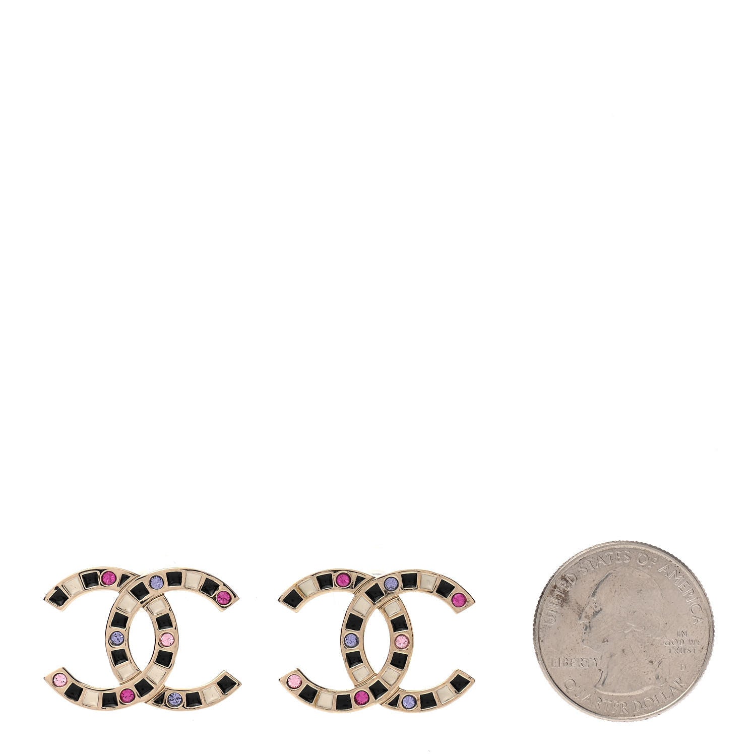 Chanel Crystal Enamel Large CC Earrings Gold Black White Pink 2 of 4