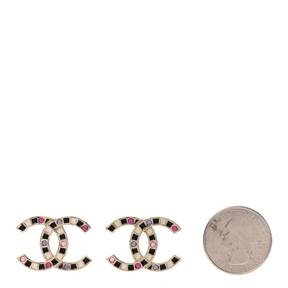 Chanel Crystal Enamel Large CC Earrings Gold Black White Pink 2 of 4