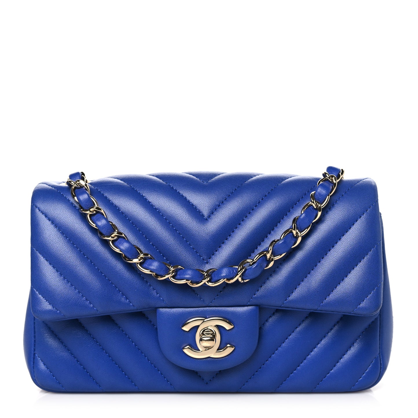 Lambskin Chevron Quilted Mini Rectangular Flap Dark Blue