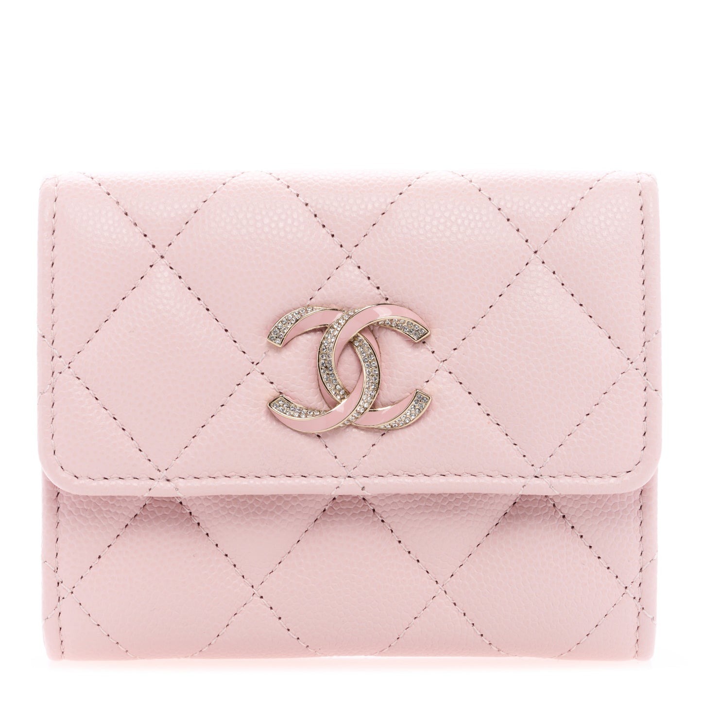 Caviar Quilted Crystal Enamel Flap Card Holder Pink
