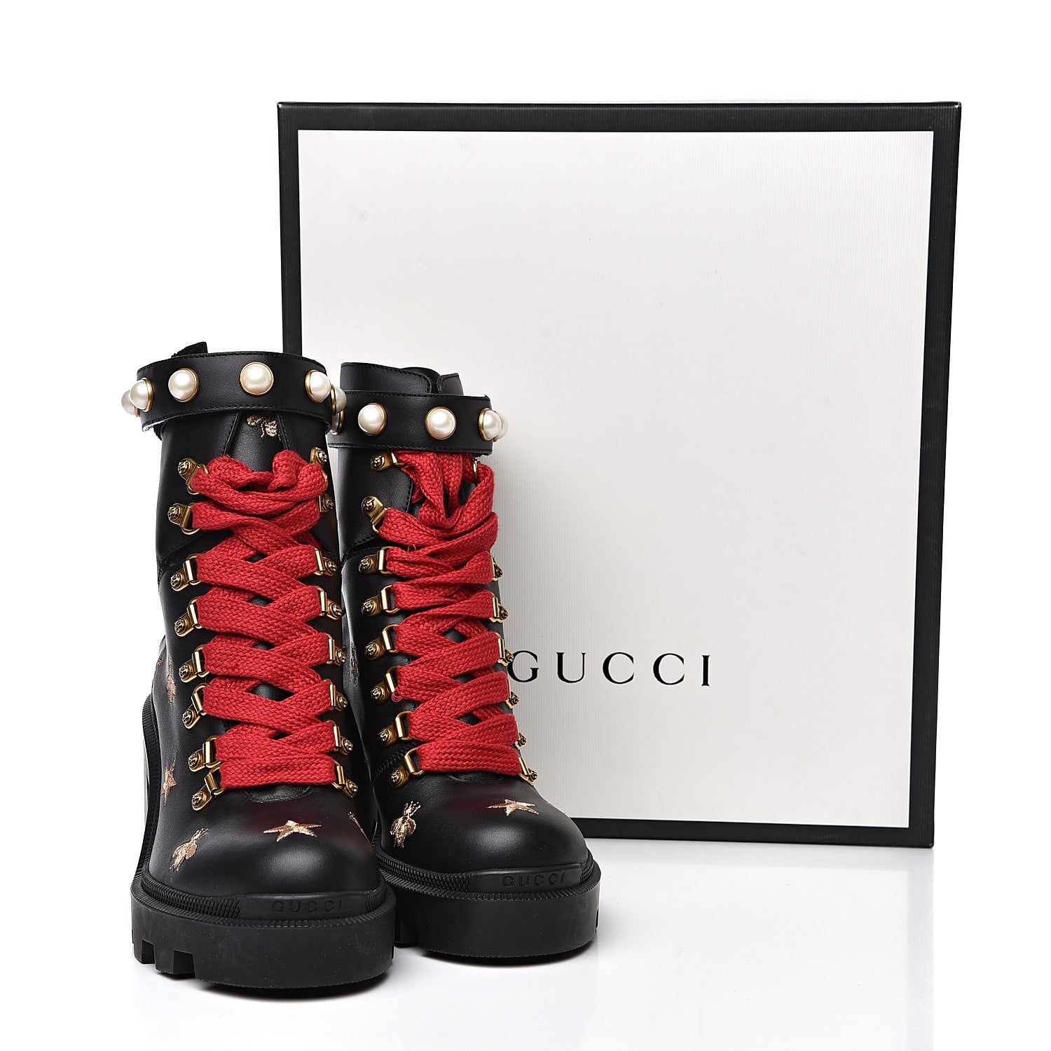 Gucci Calfskin Bee Star Embroidered Lace Up Combat Ankle Boots 37 Black 9 of 9