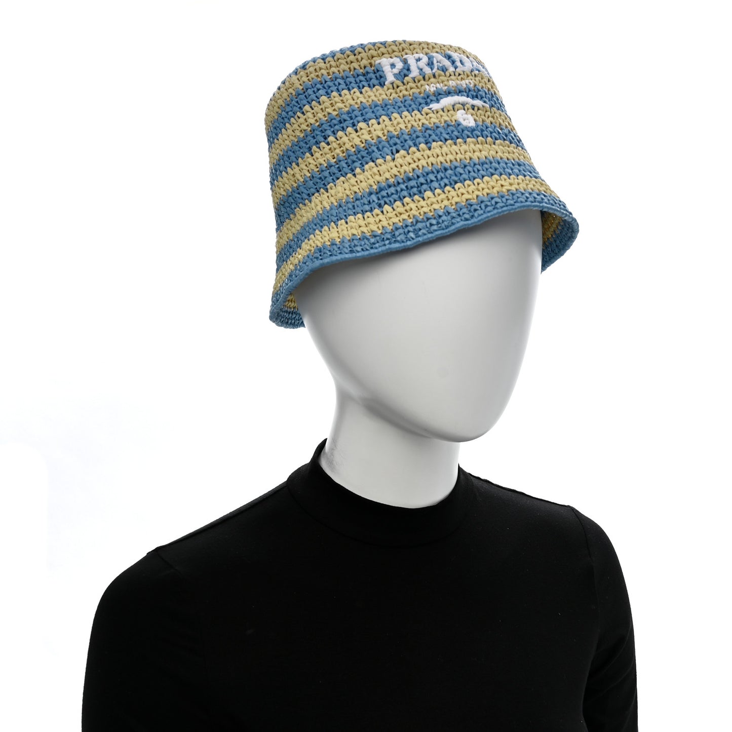 Raffia Striped Logo Embroidered Womens Bucket Hat M Naturale Cielo