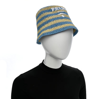 Prada Raffia Striped Logo Embroidered Womens Bucket Hat M Naturale Cielo 2 of 8