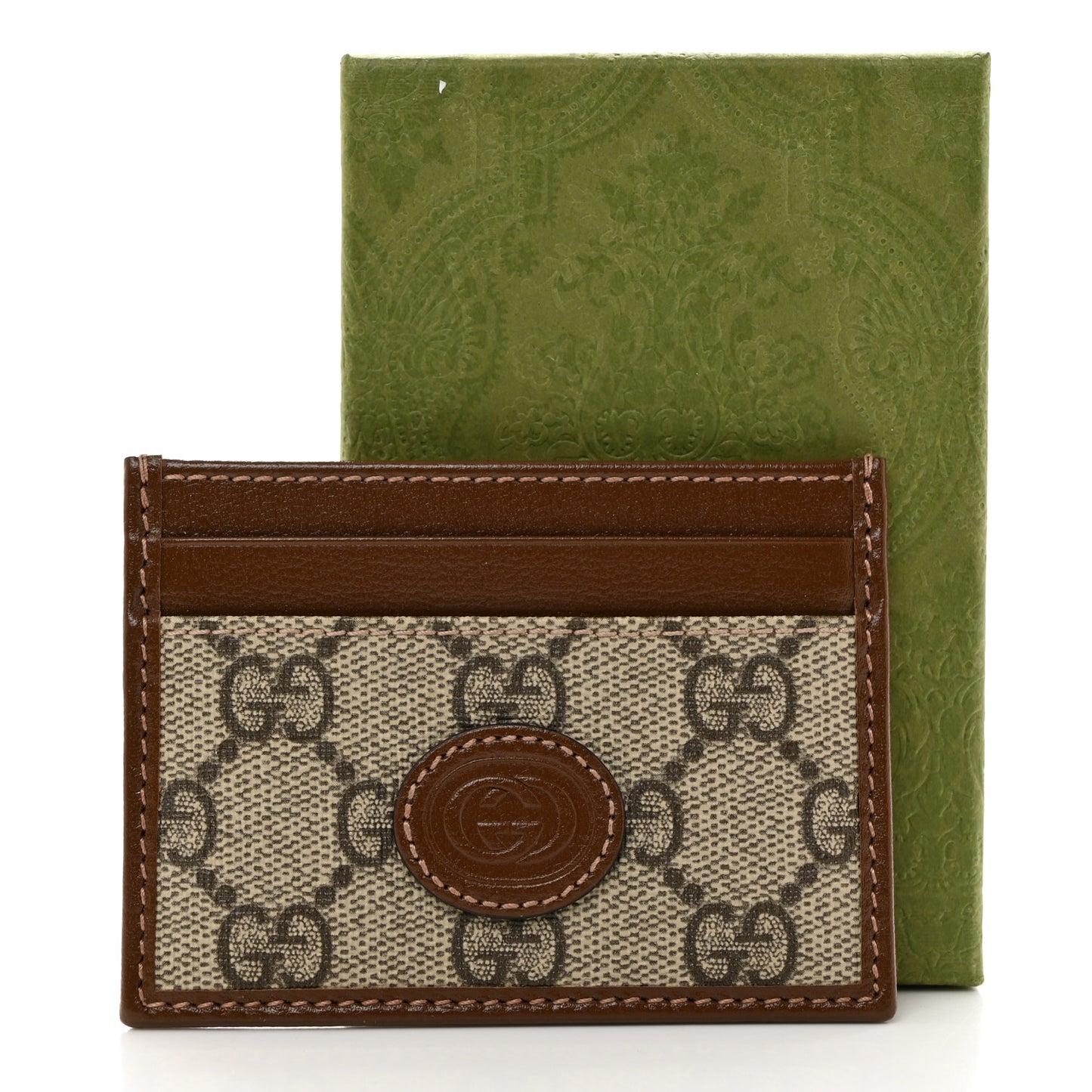 GG Supreme Monogram Azalea Calfskin Retro Interlocking G Card Holder Beige Ebony Brown Sugar