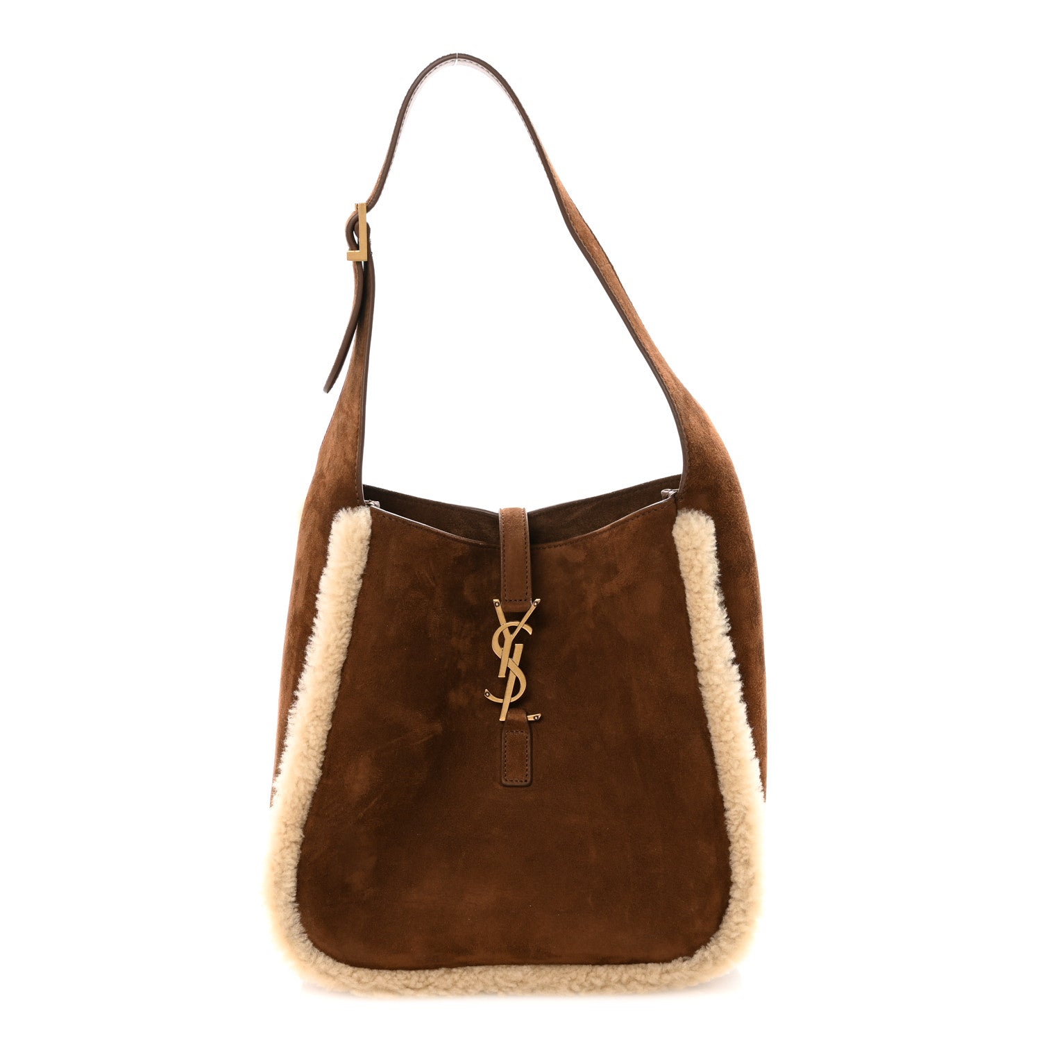 Saint Laurent Suede Shearling Small Le 5 A 7 Soft Hobo Dark Sigaro Natural Beige 1 of 10