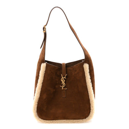Saint Laurent Suede Shearling Small Le 5 A 7 Soft Hobo Dark Sigaro Natural Beige 1 of 10
