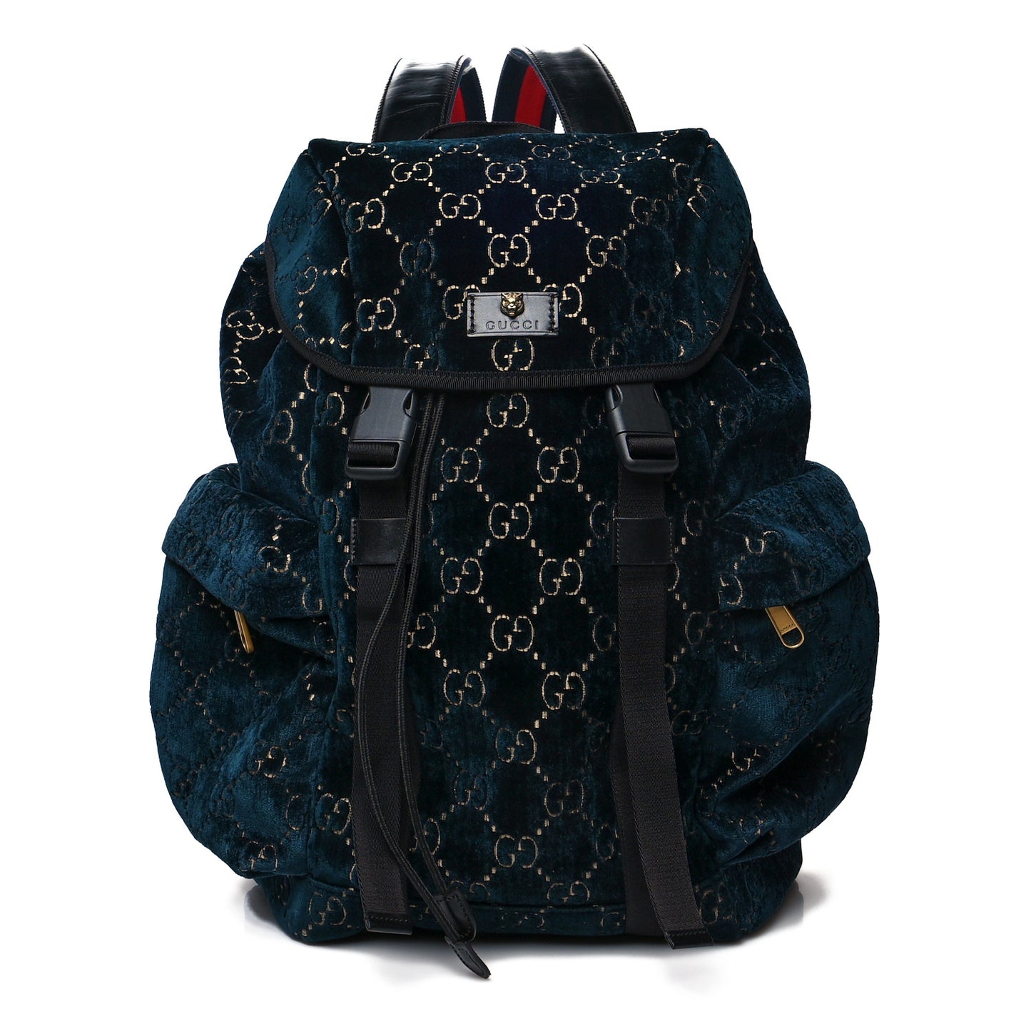 Velvet GG Monogram Web Medium Double Buckle Backpack Blue Beige Black