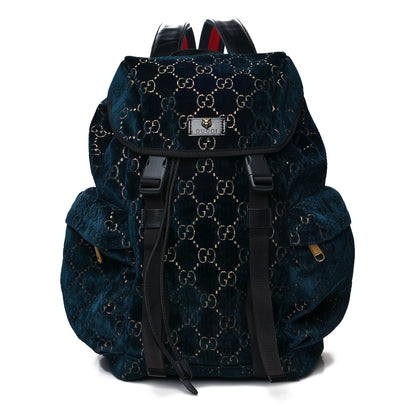 Gucci Velvet GG Monogram Web Medium Double Buckle Backpack Blue Beige Black 1 of 10
