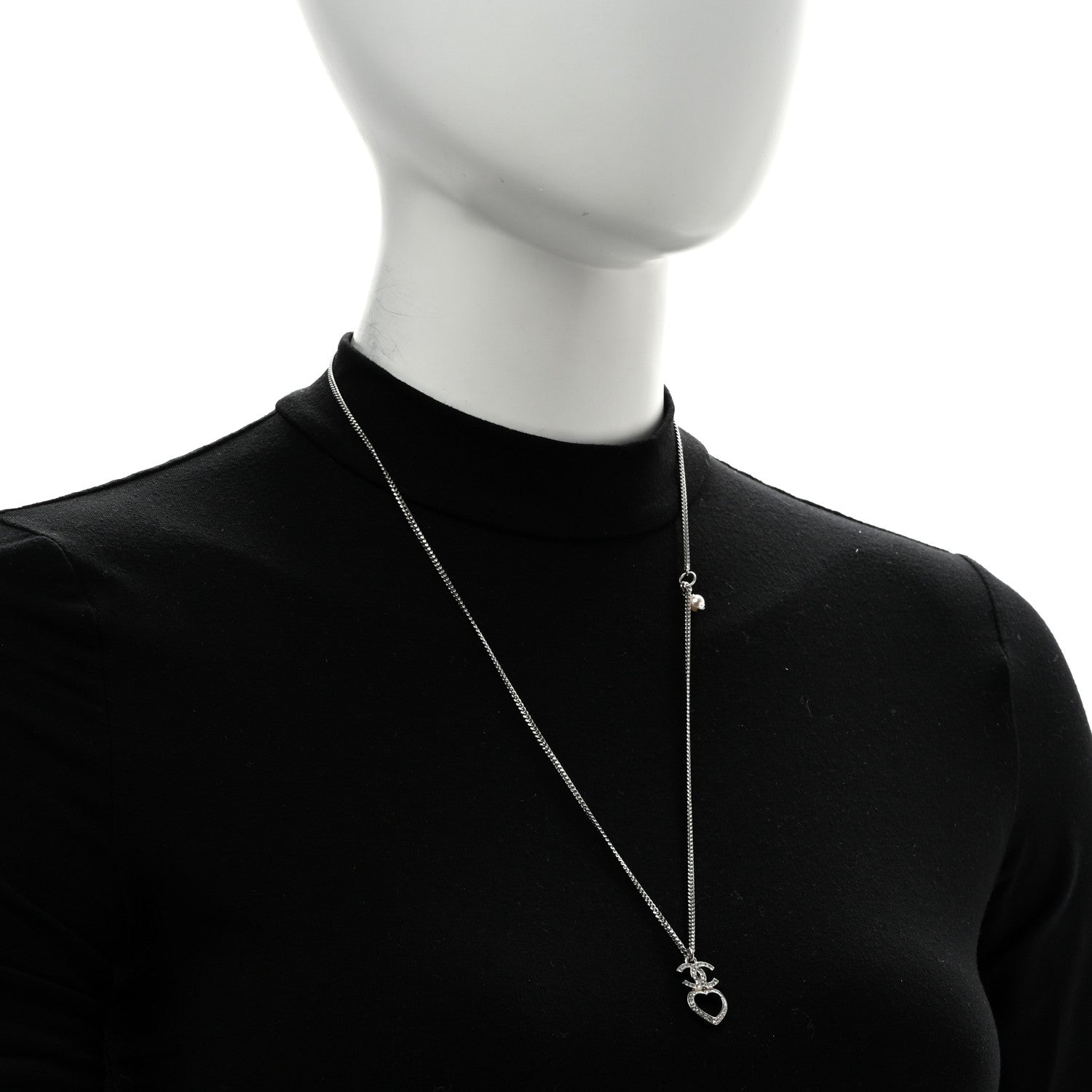 Chanel Crystal CC Heart Drop Chain Necklace Silver 2 of 6