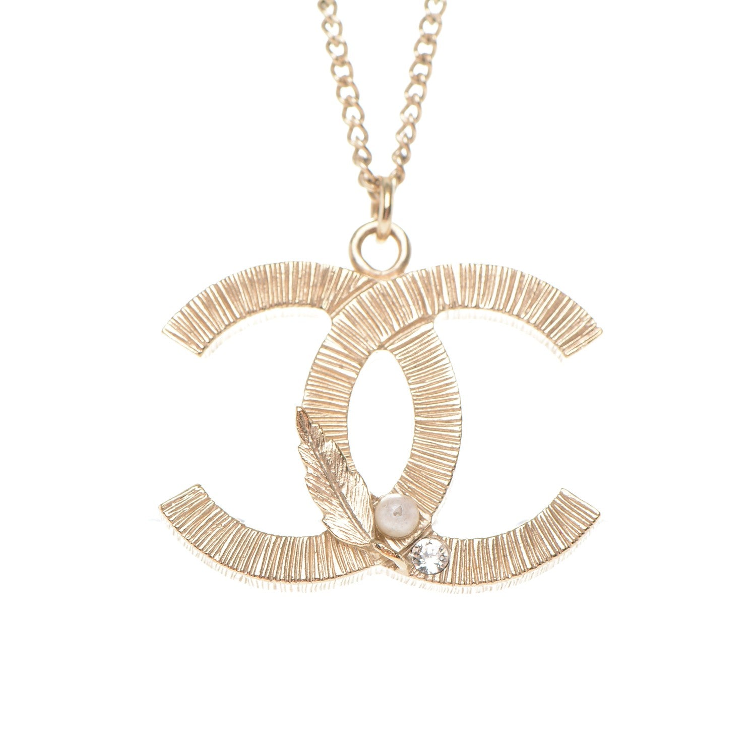 Chanel Pearl Crystal Leaf CC Necklace Gold 4 of 5