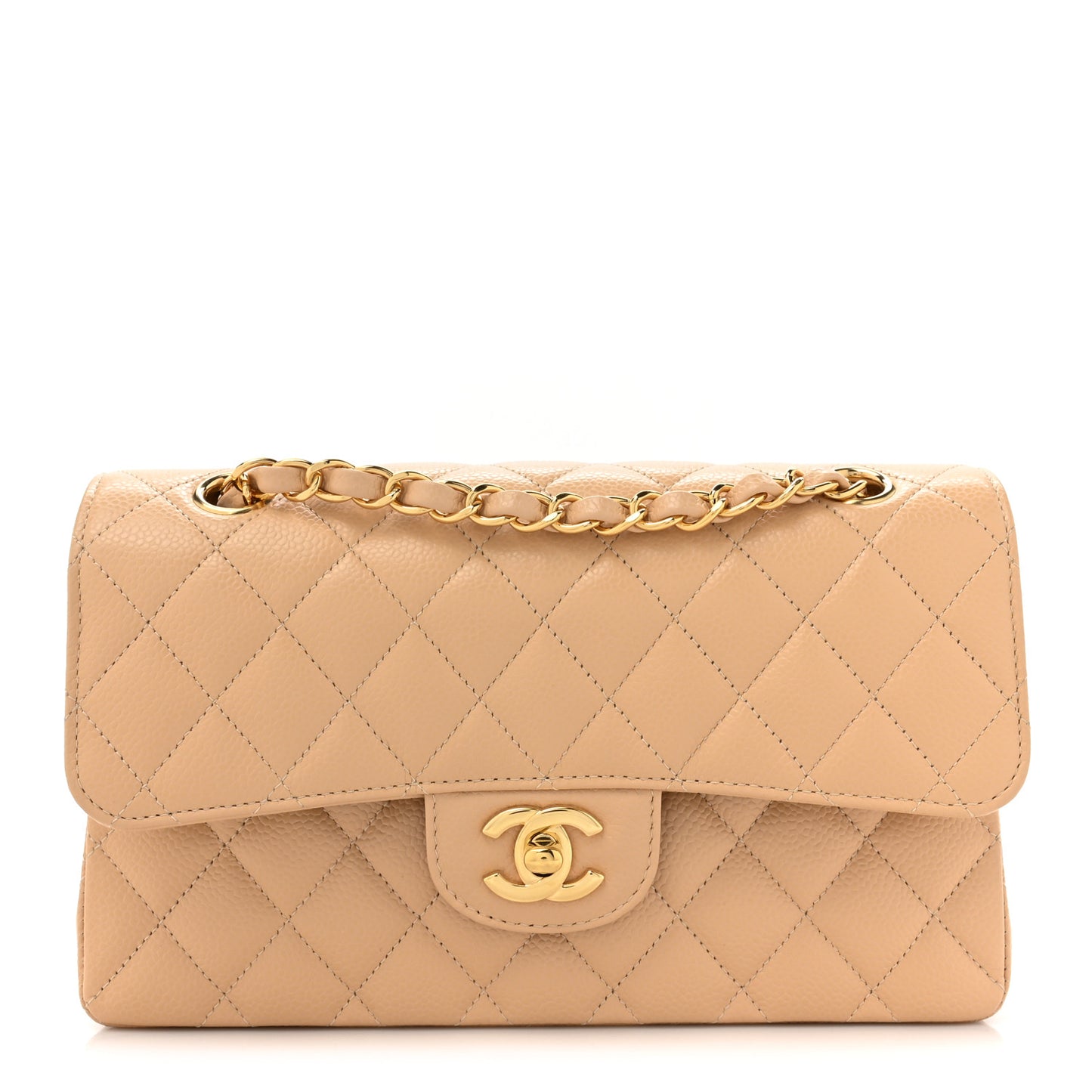Caviar Quilted Small Double Flap Beige