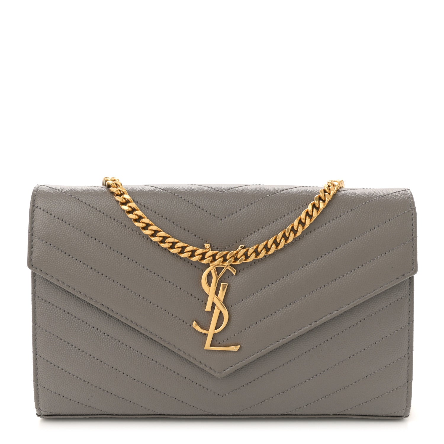 Saint Laurent Grain De Poudre Matelasse Chevron Monogram Chain Wallet Fog 1 of 10