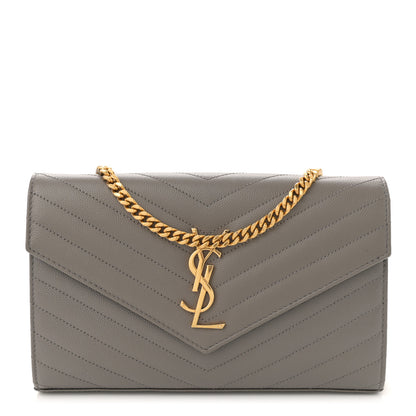 Saint Laurent Grain De Poudre Matelasse Chevron Monogram Chain Wallet Fog 1 of 10