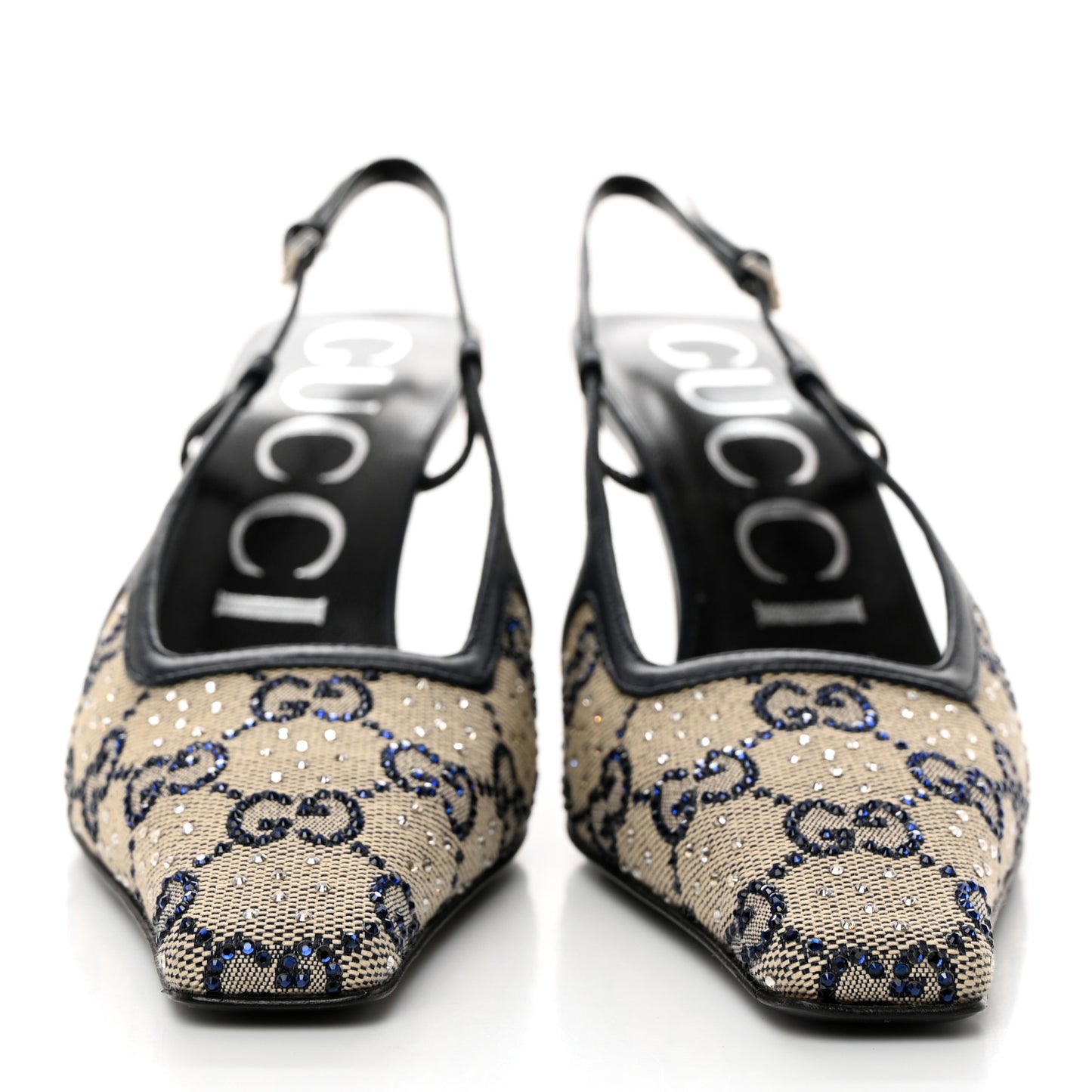 GG Monogram Malaga Kid Crystal Square G 75mm Slingback Pumps 35.5 Beige Blue