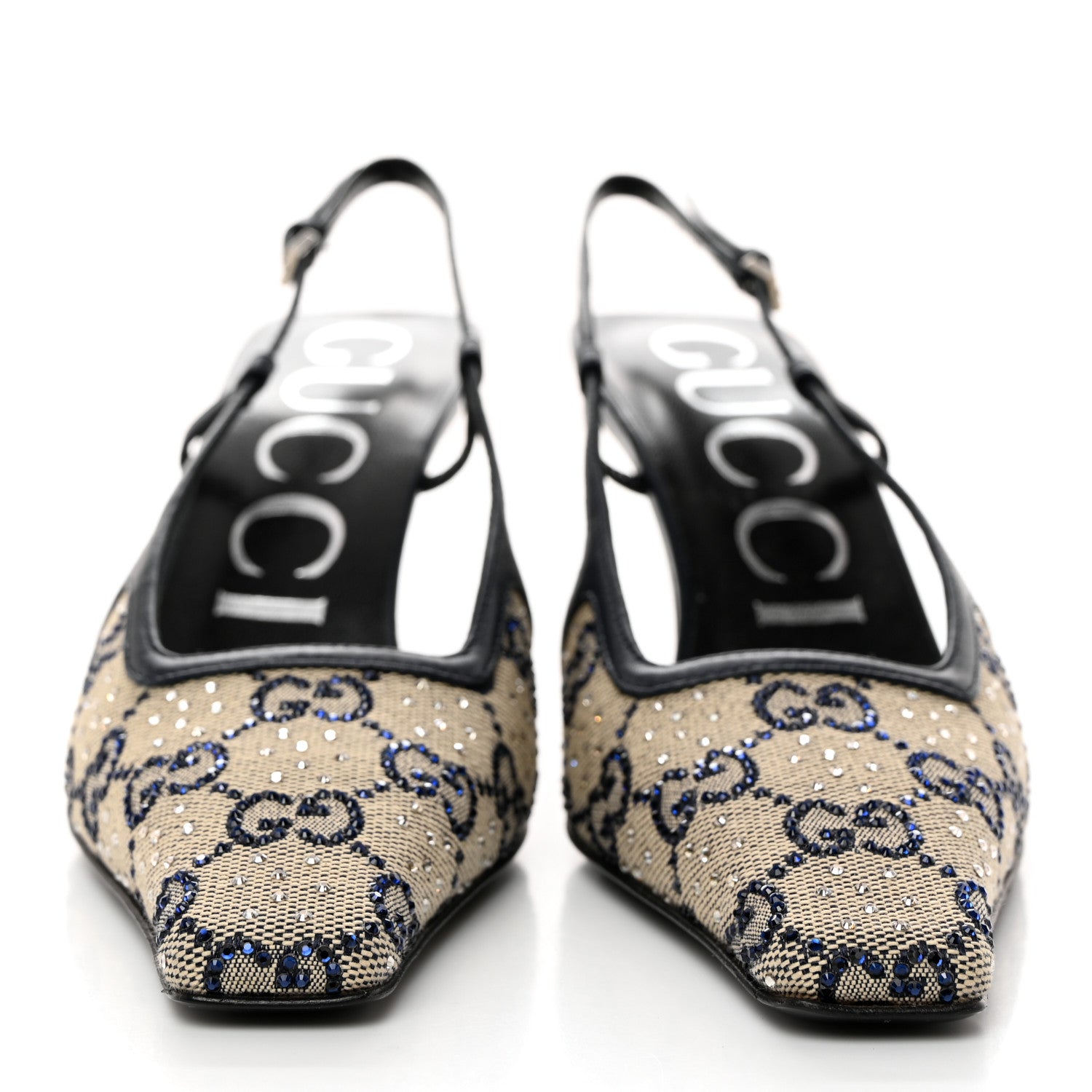 Gucci GG Monogram Malaga Kid Crystal Square G 75mm Slingback Pumps 35.5 Beige Blue 3 of 8
