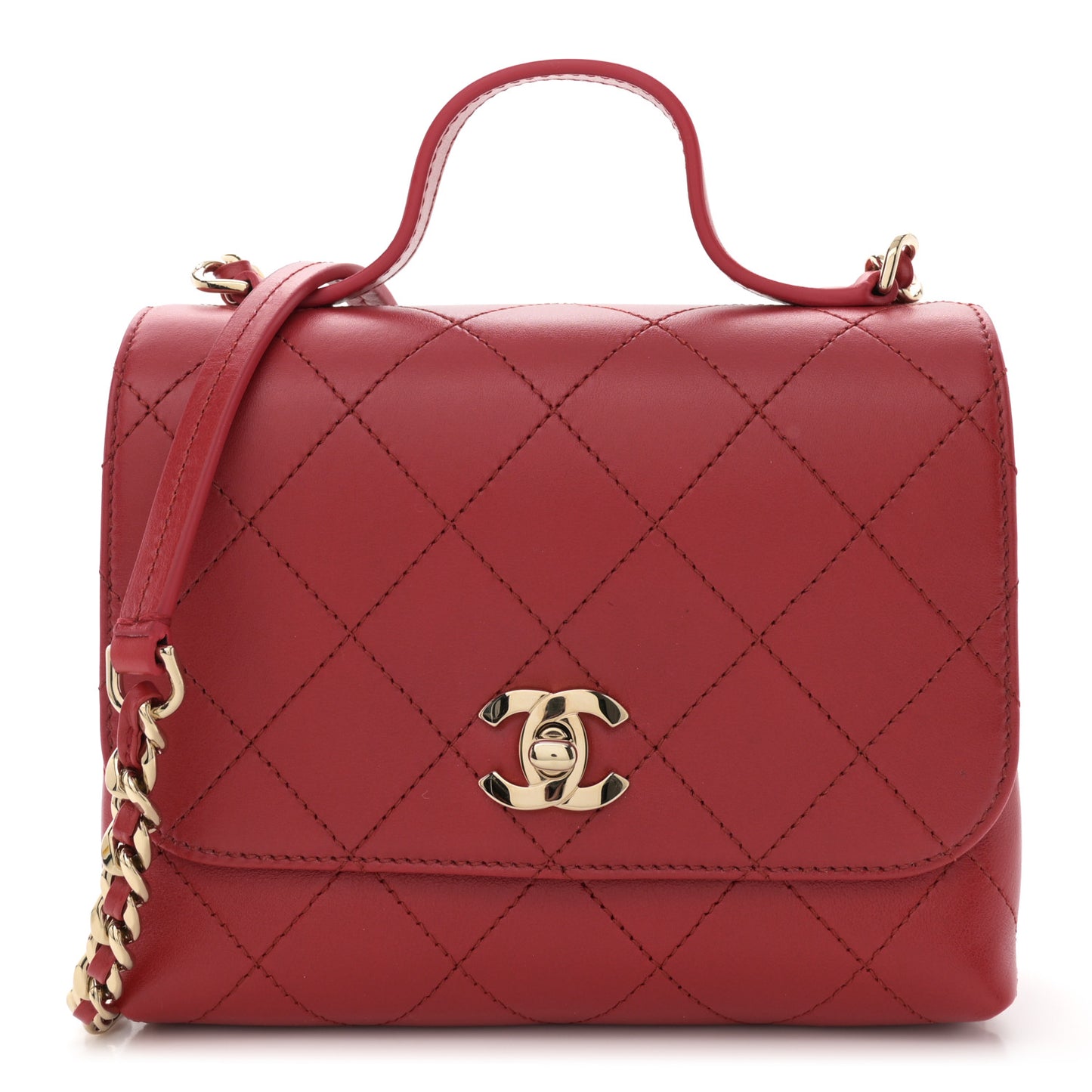 Calfskin Quilted Small Double Pocket Top Handle Flap Red