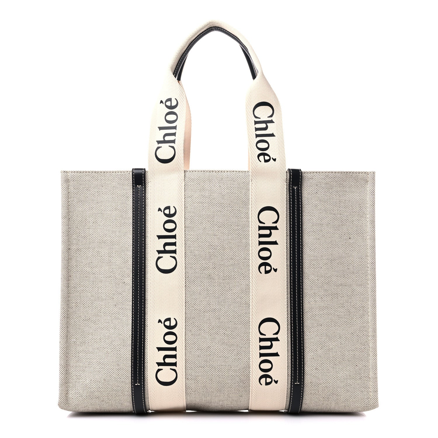 Chloe Cotton Calfskin Large Woody Ribbon Tote White Black 1 of 8