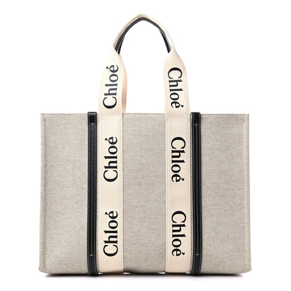 Chloe Cotton Calfskin Large Woody Ribbon Tote White Black 1 of 8