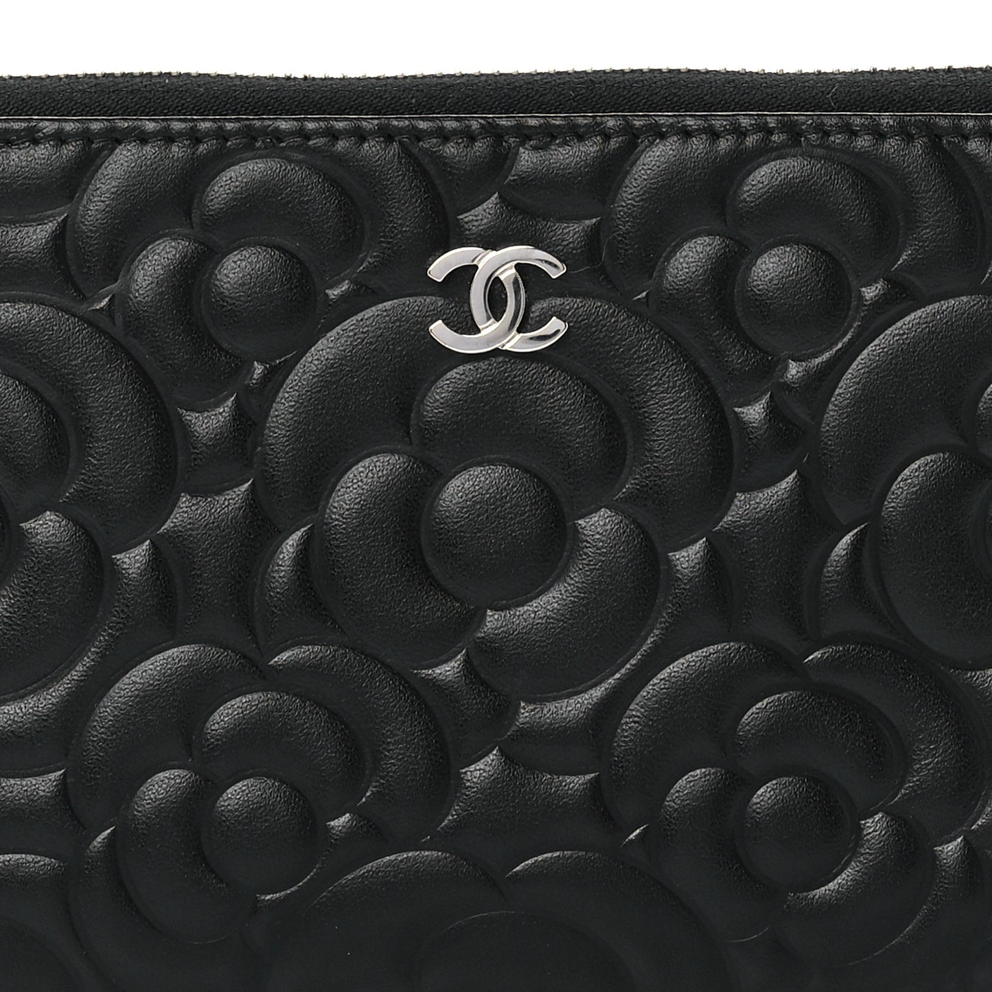 Lambskin Camellia Embossed Large Zip Around Gusset Wallet Black