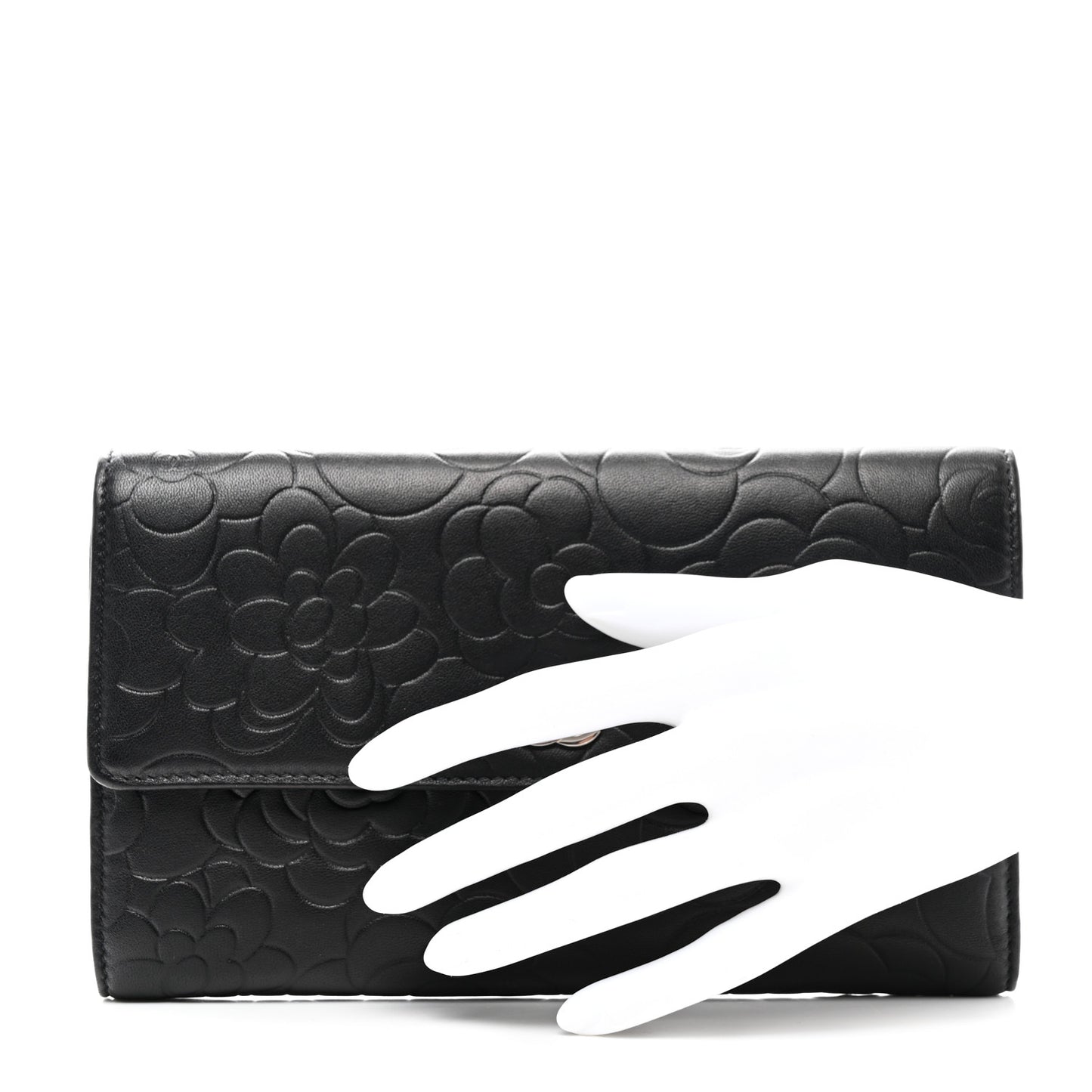 Lambskin Camellia Embossed Large Flap Wallet Black