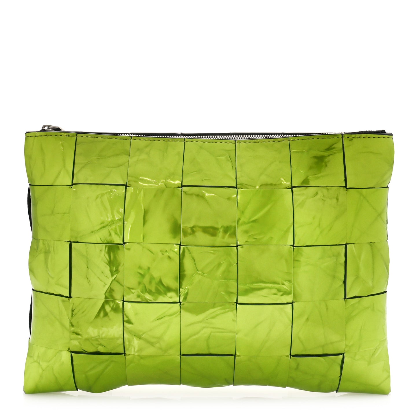 Metallic Crushed Calfskin Maxi Intrecciato Borsa Pouch Chlorophyll