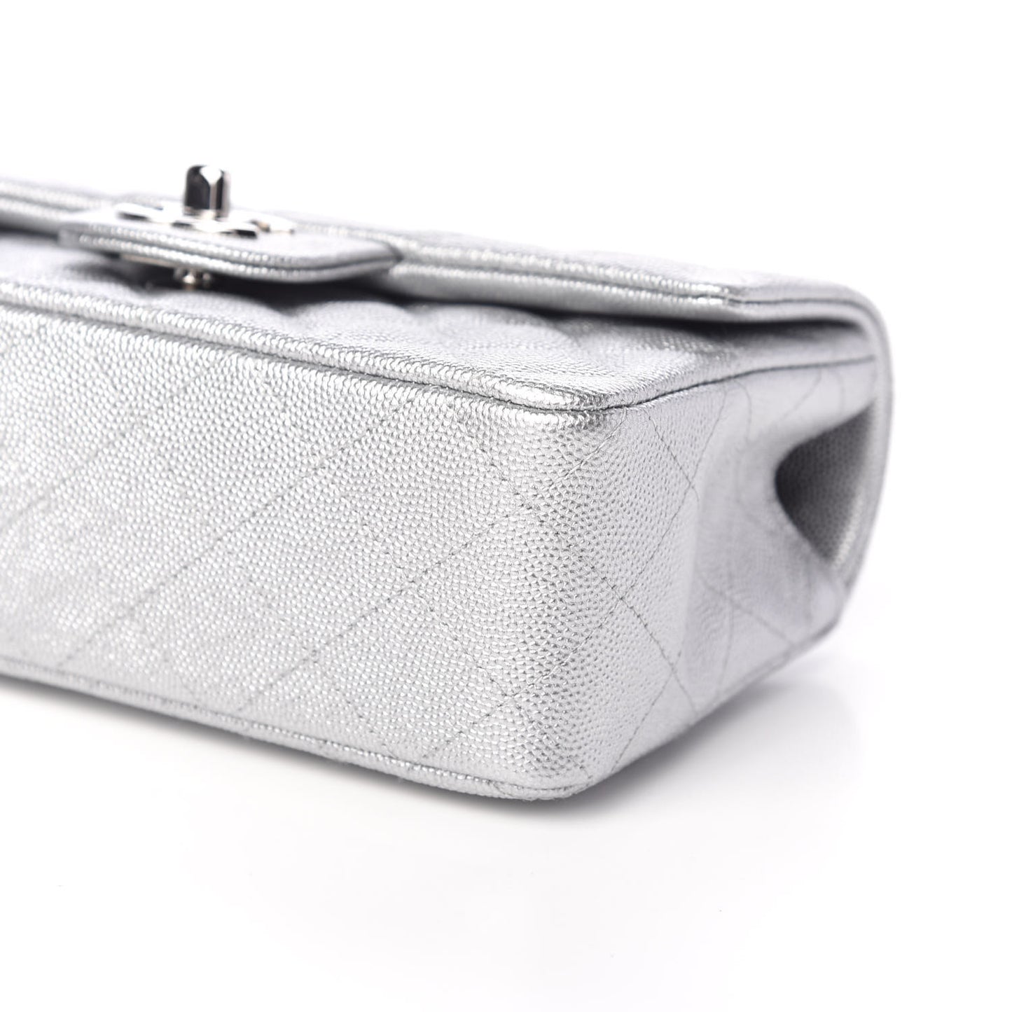 Metallic Caviar Quilted Mini Top Handle Rectangular Flap Silver