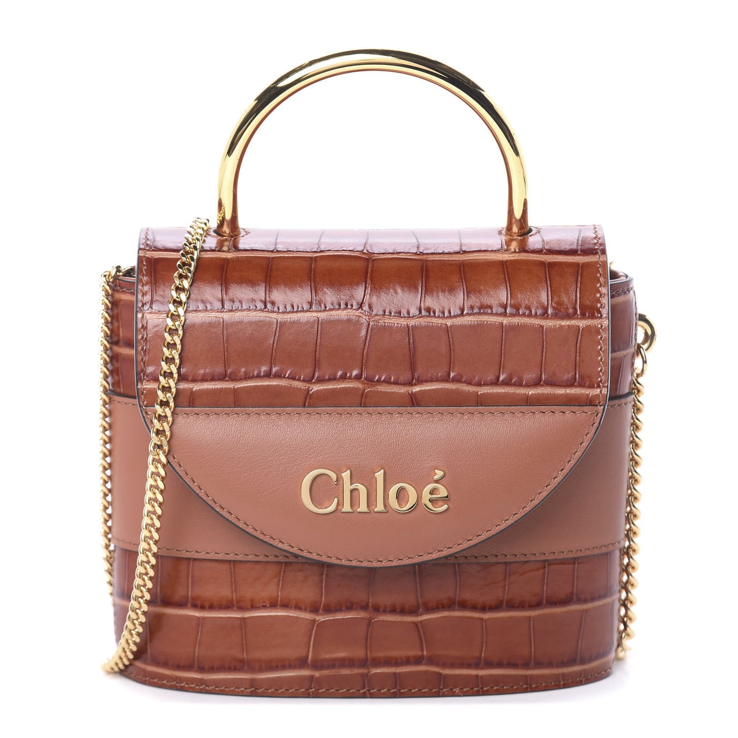 Calfskin Crocodile Embossed Small Aby Lock Chestnut Brown