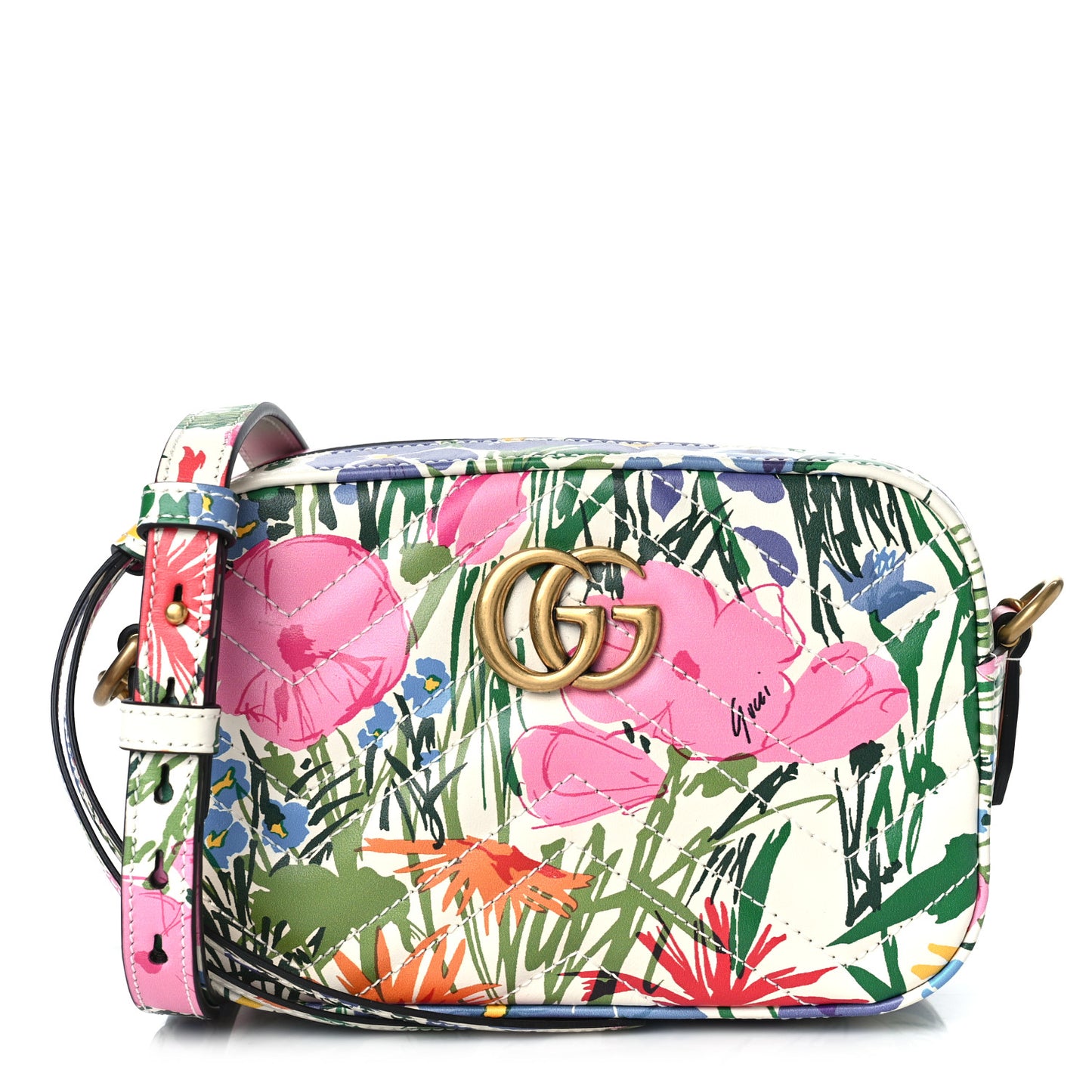 X KEN SCOTT Calfskin Matelasse Floral Print Mini GG Marmont Chain Shoulder Bag Ivory Pink