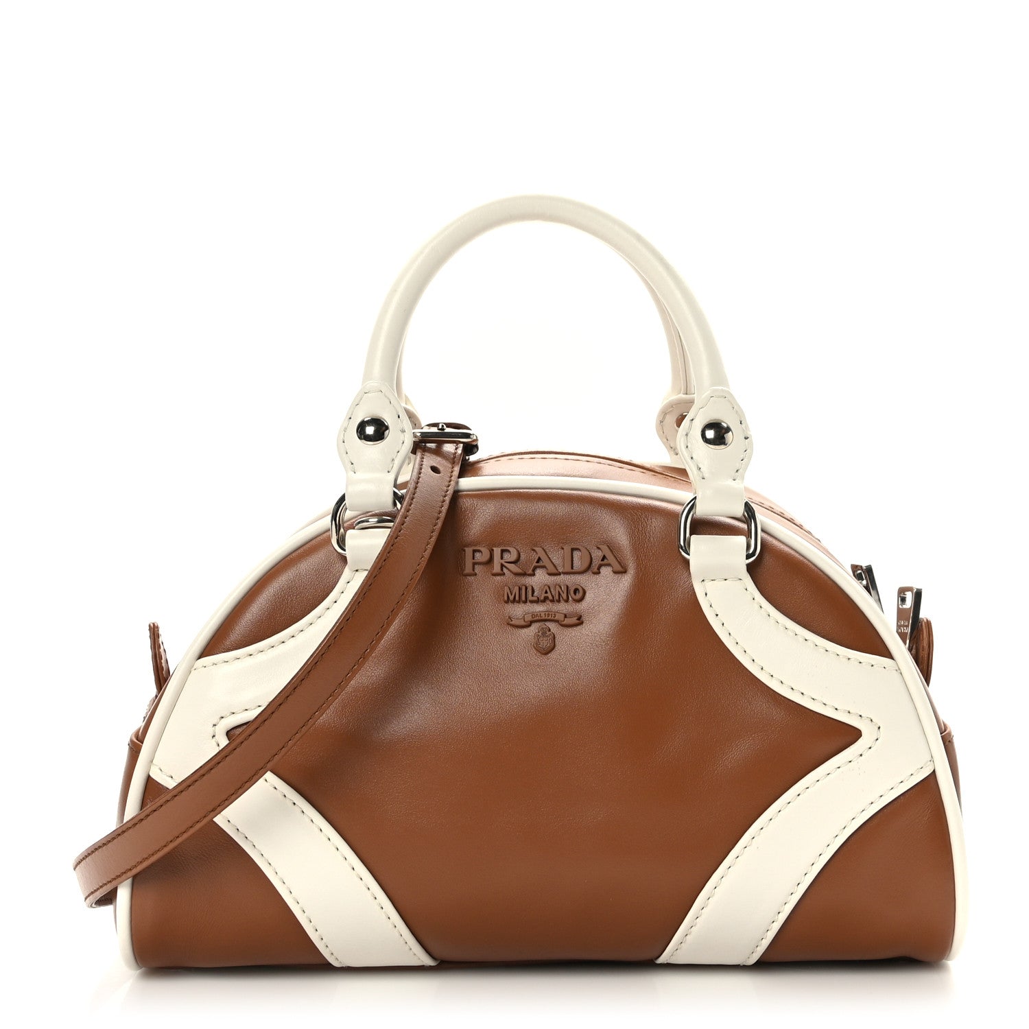Prada Soft Calfskin Bowling Crossbody Bag Cognac White 1 of 7