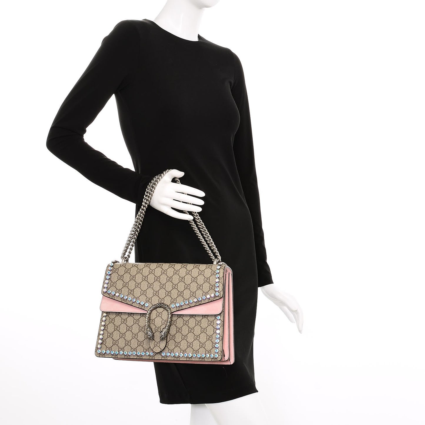 GG Supreme Monogram Suede Crystal Medium Dionysus Shoulder Bag Beige Ebony Light Peonia