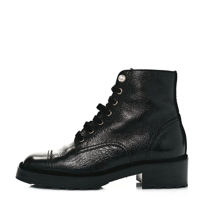 Chanel Shiny Calfskin Velvet Pearl Combat Short Boots 39.5 Black 1 of 8