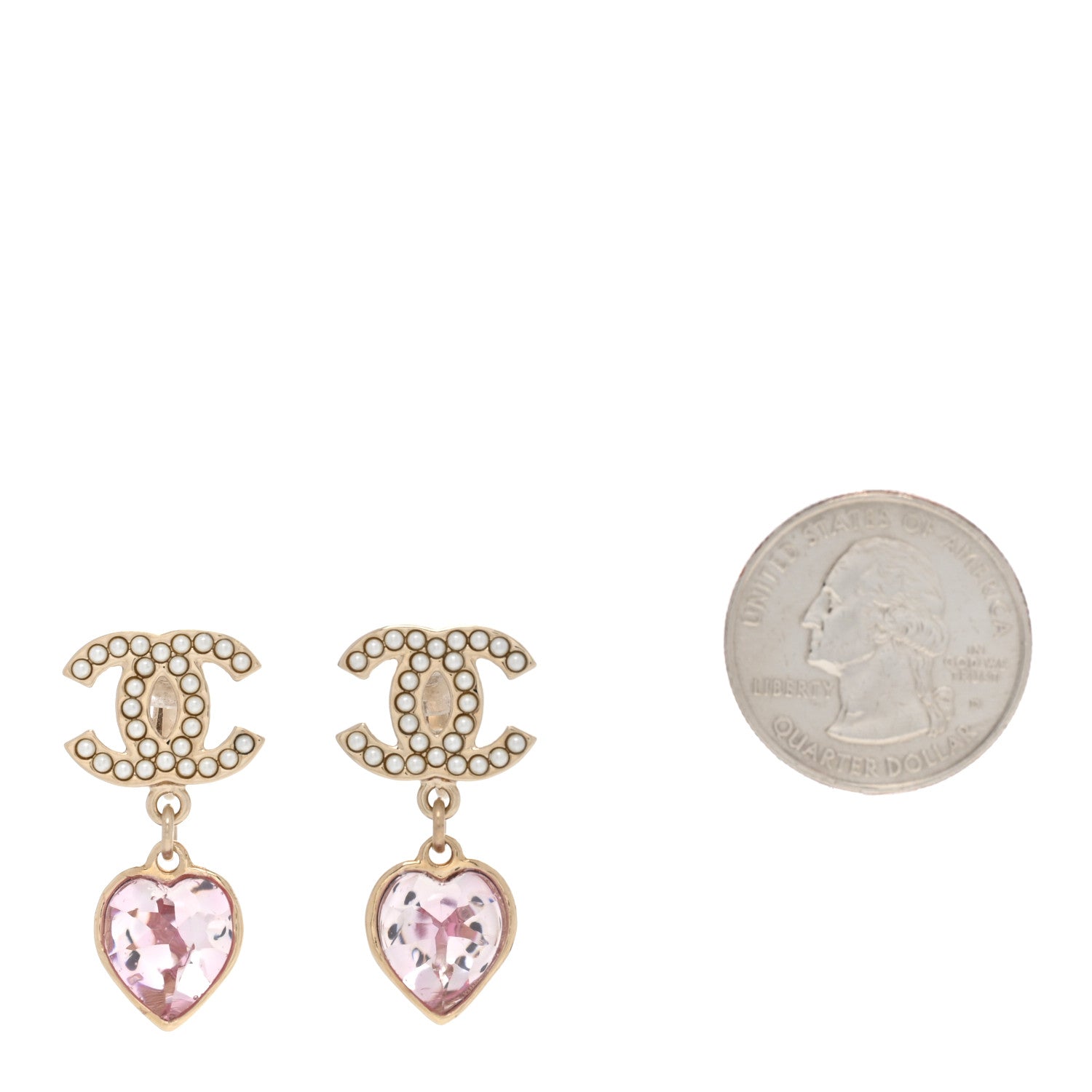 Chanel Crystal Pearl Heart CC Drop Earrings Pink Gold 2 of 5