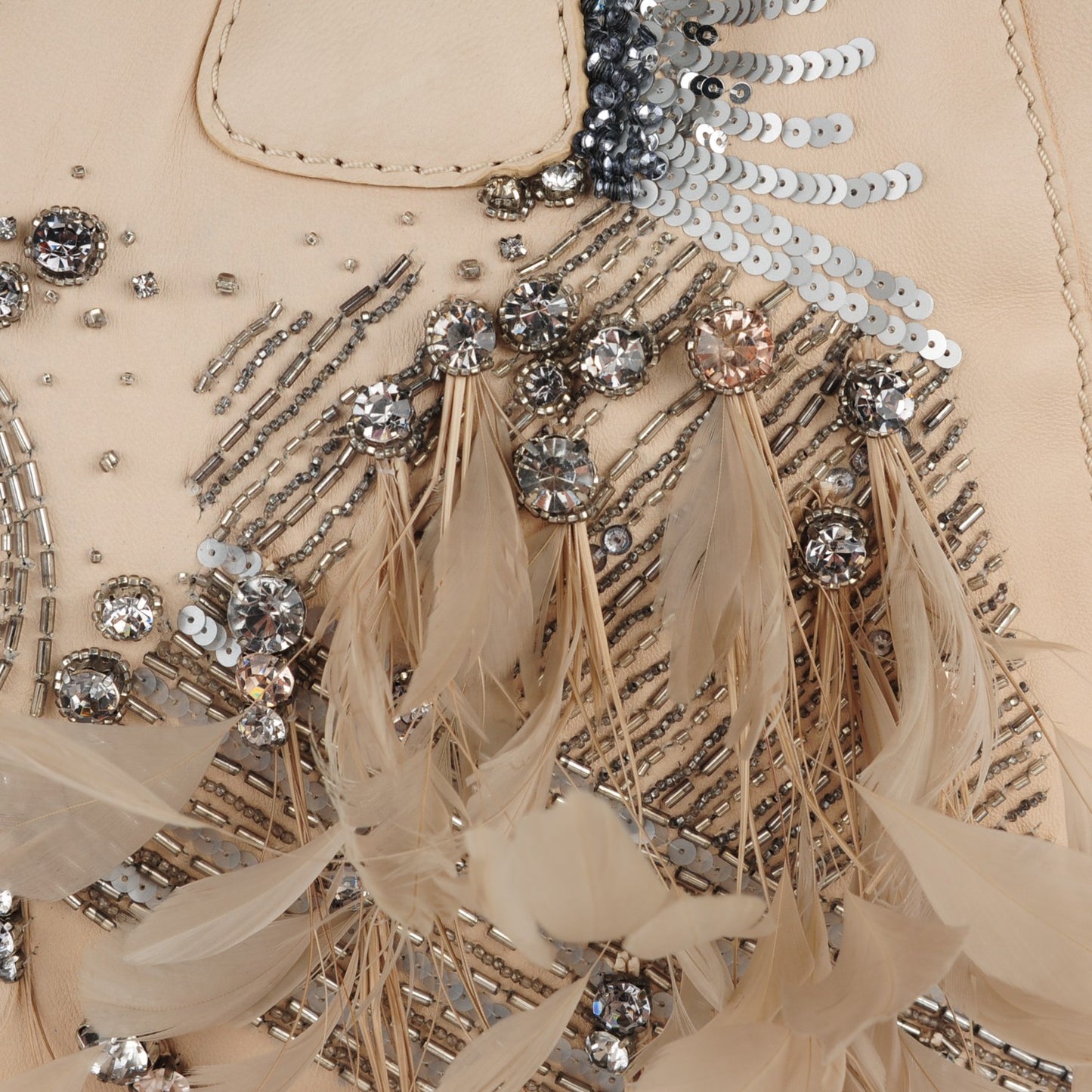 Feather Sequin Alice Glam Frame Satchel Beige