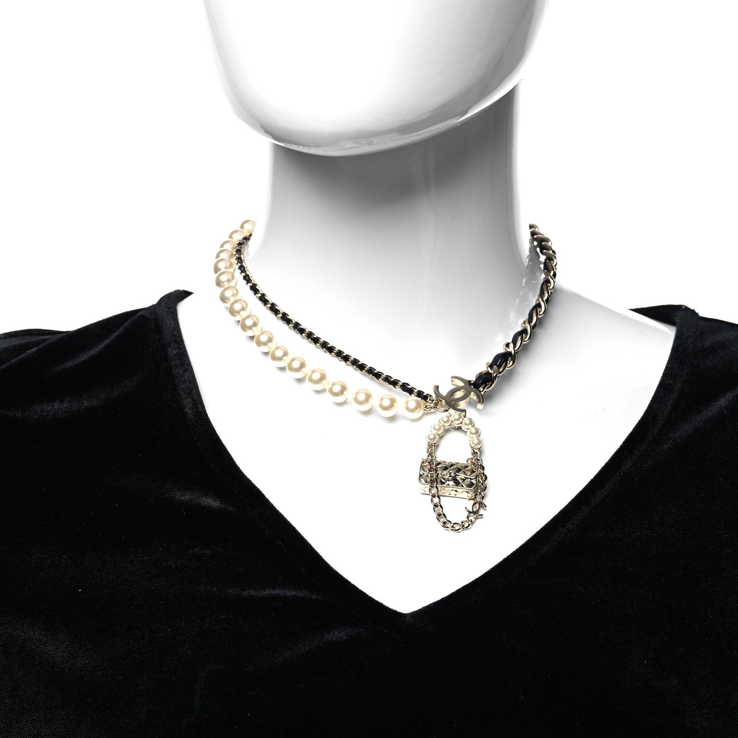 Lambskin Pearl Quilted Flap Necklace Gold Black Pearly White