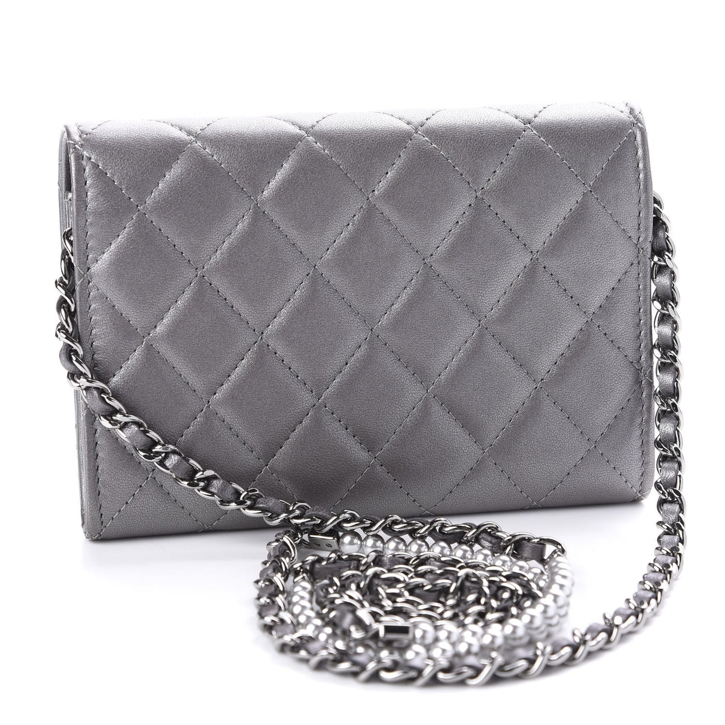 Lambskin Quilted Pearl My Shoulder Mini French Wallet On Chain WOC Silver