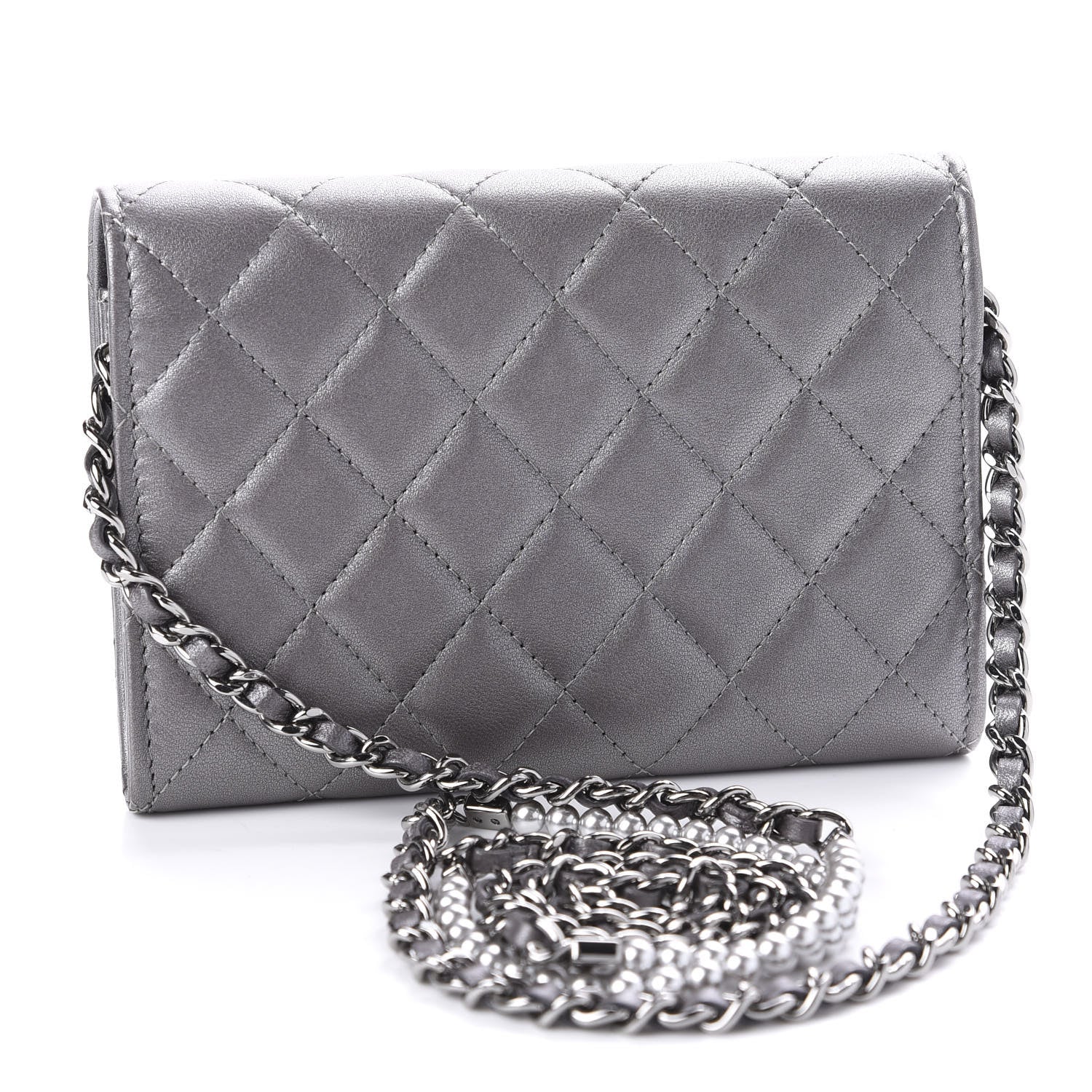 Chanel Lambskin Quilted Pearl My Shoulder Mini French Wallet On Chain WOC Silver 3 of 12