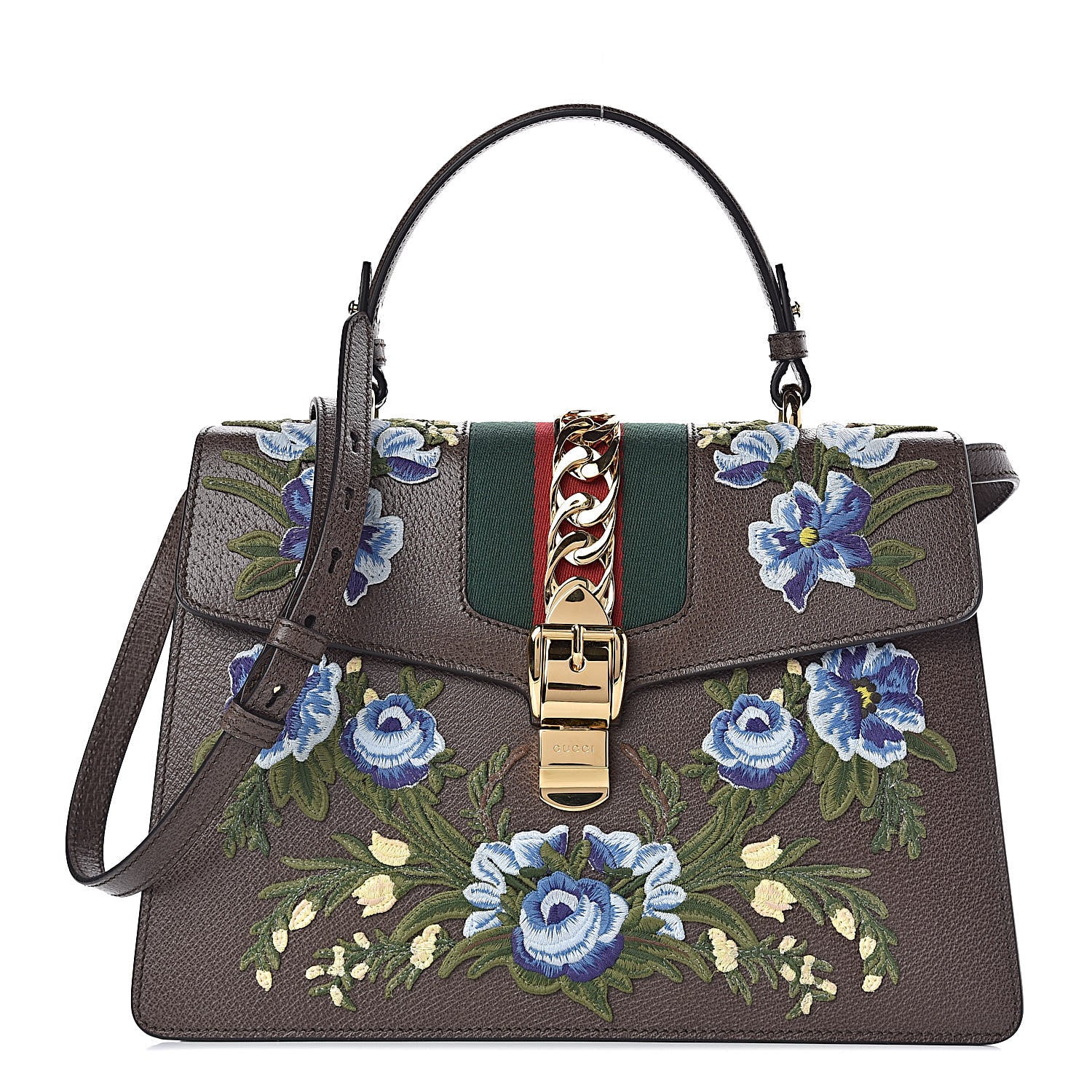Gucci Calfskin Embroidered Medium Sylvie Top Handle Bag New Acero Multicolor 1 of 11