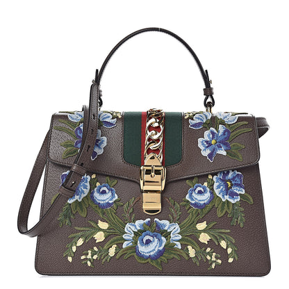 Gucci Calfskin Embroidered Medium Sylvie Top Handle Bag New Acero Multicolor 1 of 11