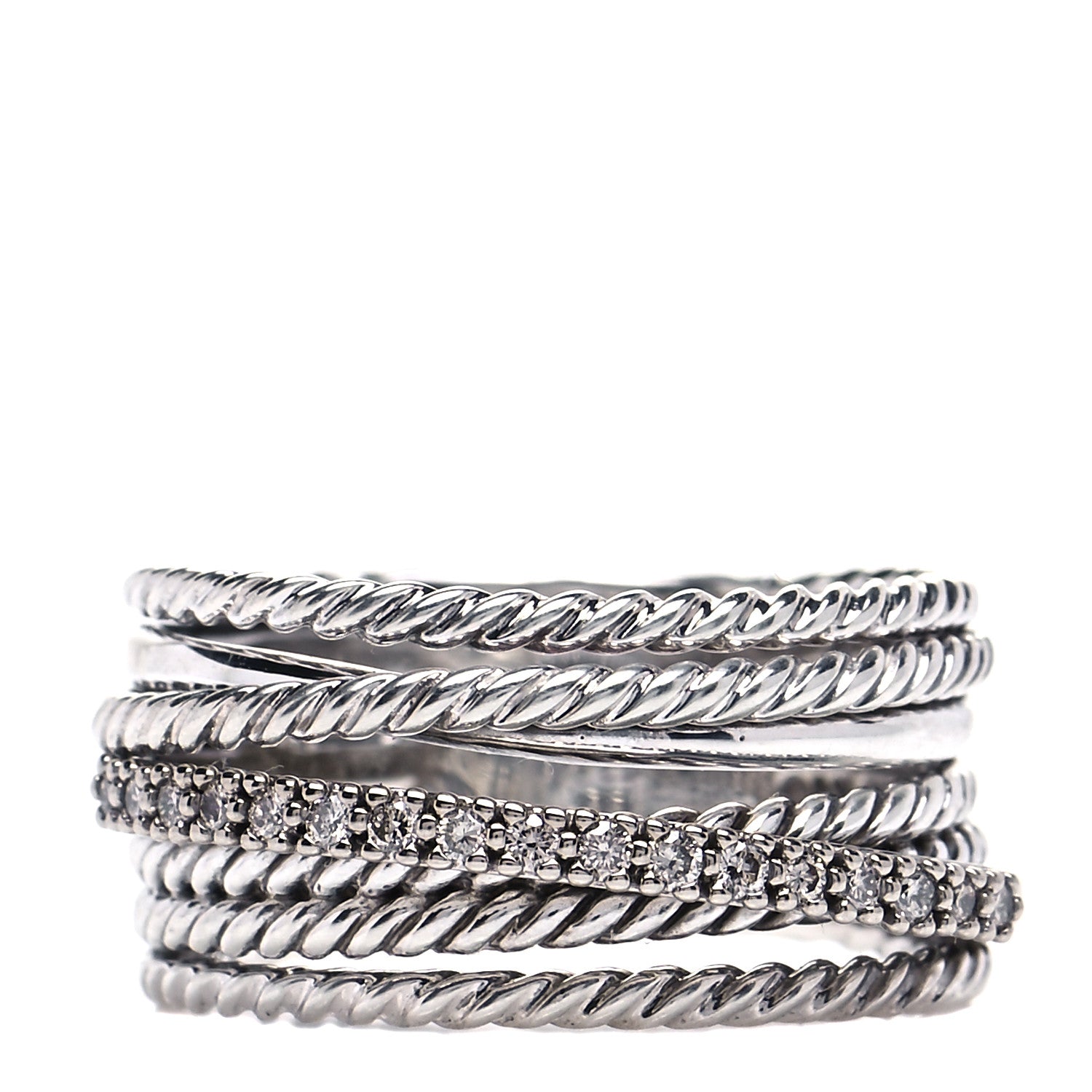 David Yurman Sterling Silver 14K White Gold Diamond 11mm Wide Crossover Cable Ring 58 8.5 1 of 5