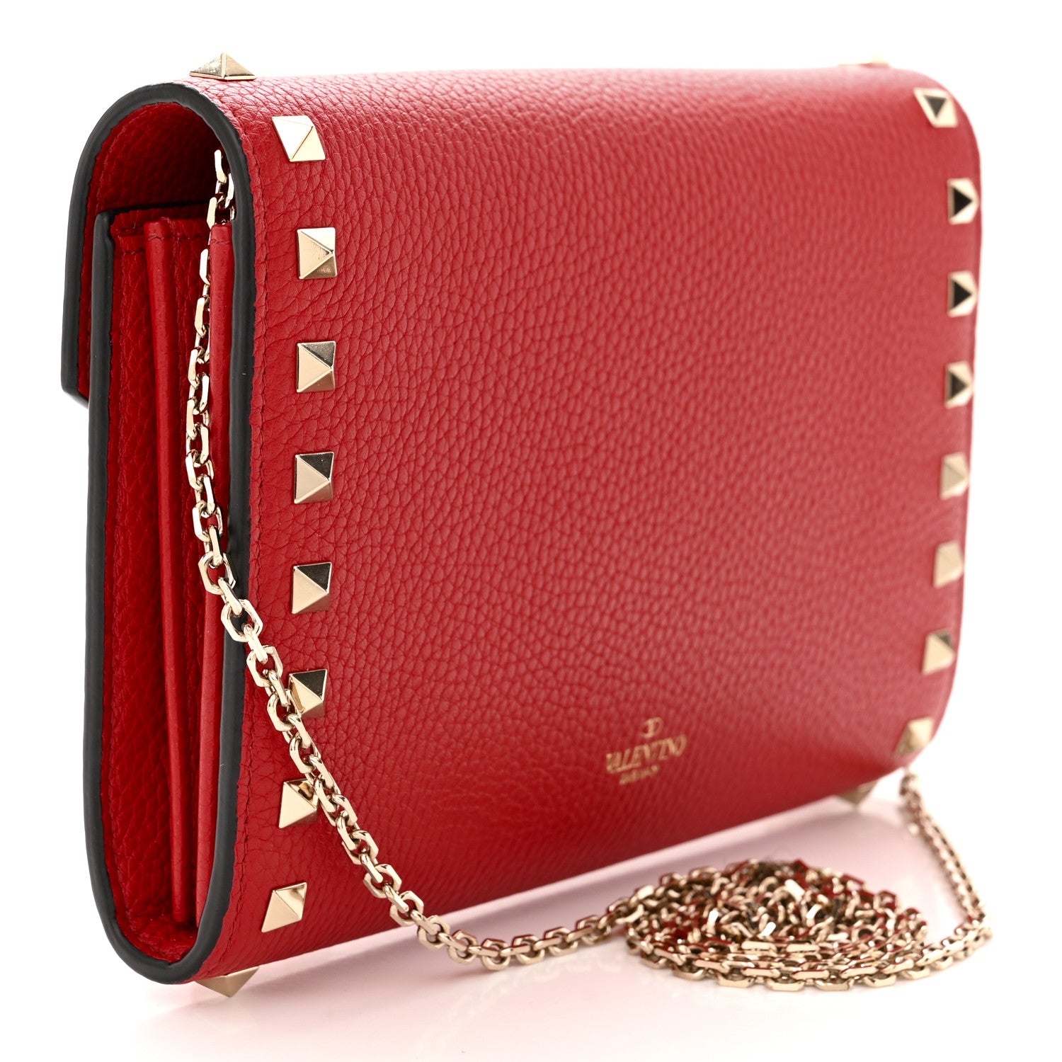Valentino Garavani Pebbled Calfskin Rockstud Envelope Wallet on Chain Rouge Pur 3 of 11