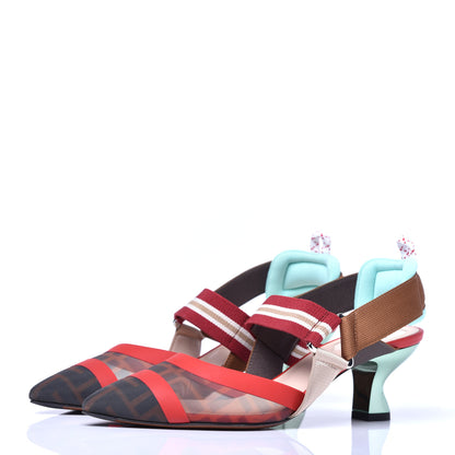 Fendi Technical Mesh FF Colibri 55mm Slingback Pumps 36 Tobacco Moro Cipria Papavero Camelia 2 of 10
