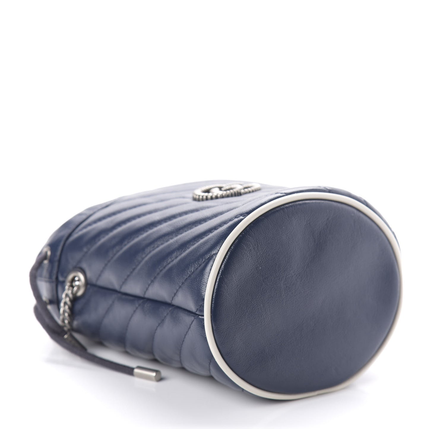 Vintage Effect Calfskin Matelasse Diagonal Mini Torchon GG Marmont 2.0 Bucket Bag Blue Agata Mystic White