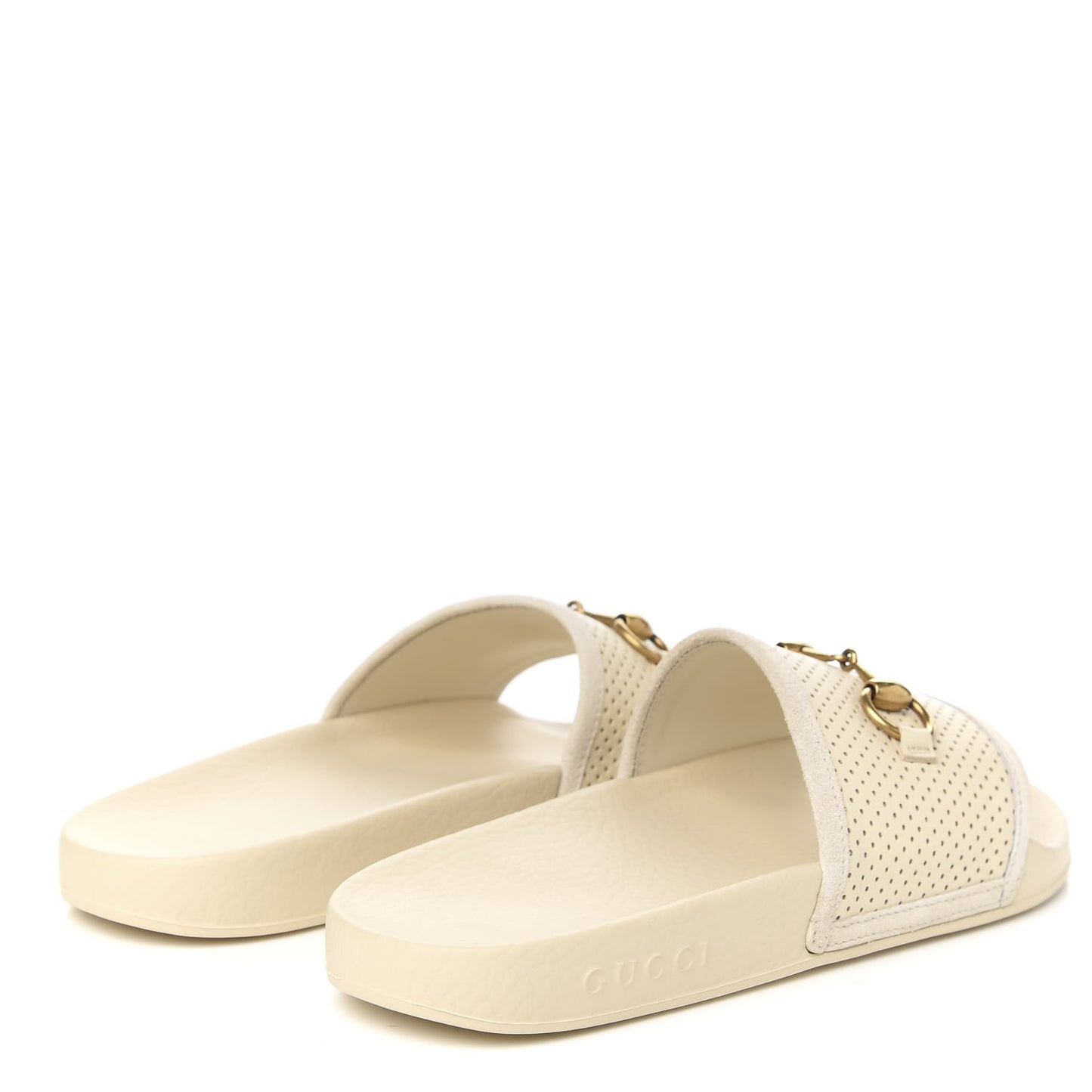 Suede Perforated Horsebit Slide Sandals 38 Ivory