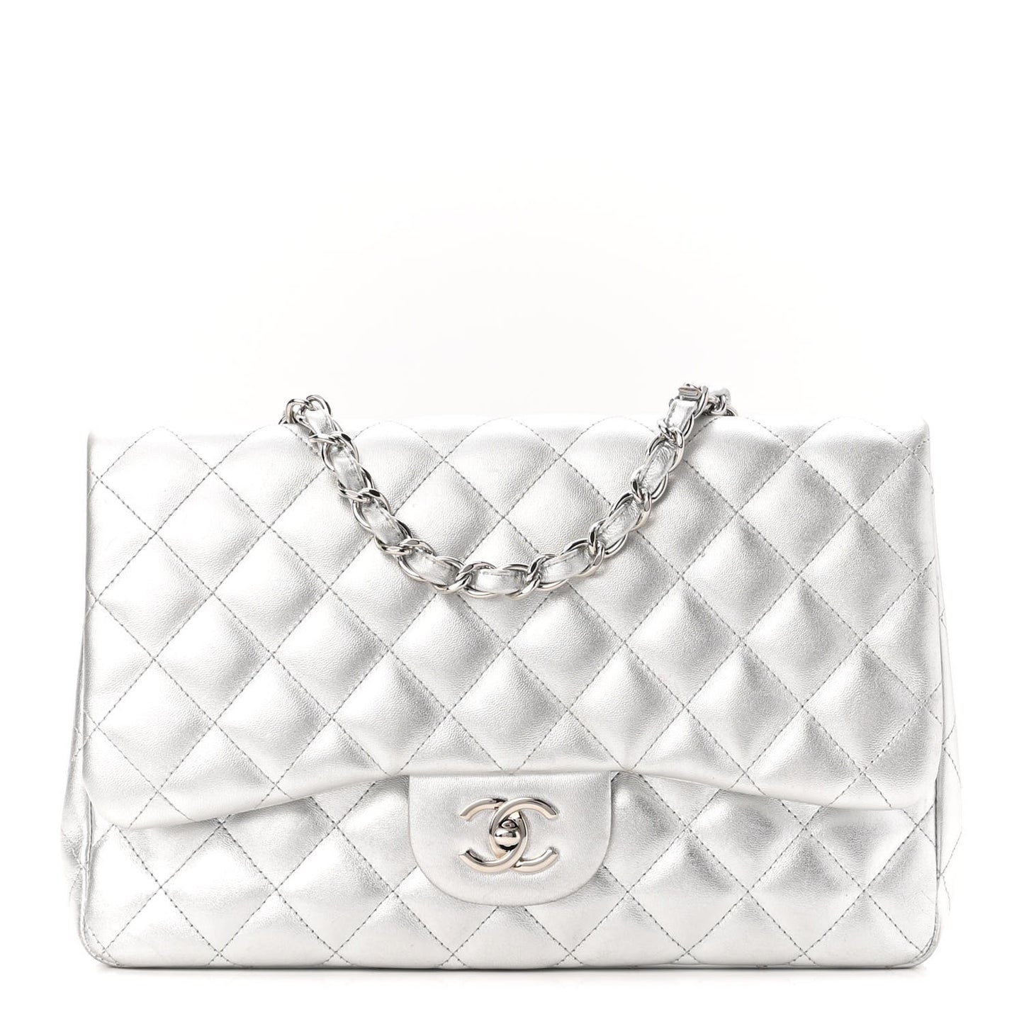 Metallic Lambskin Quilted Jumbo Single Flap Silver