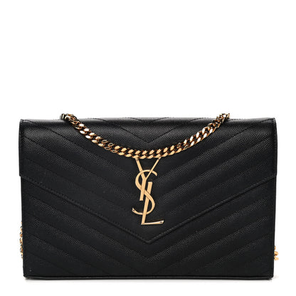 Saint Laurent Grain De Poudre Matelasse Chevron Monogram Chain Wallet Black 1 of 16