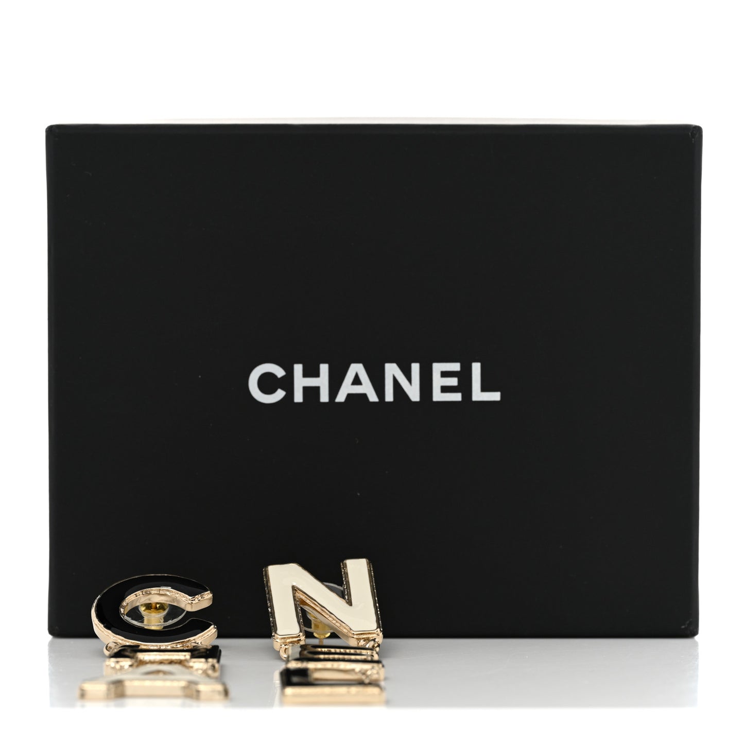 Metal Enamel Cha-Nel Logo Drop Earrings Black White