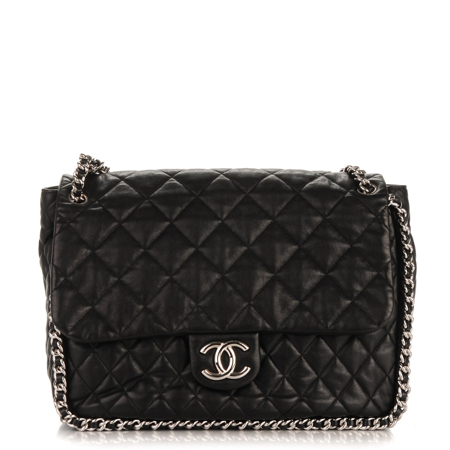 Washed Lambskin Quilted Maxi Chain Around Flap Black