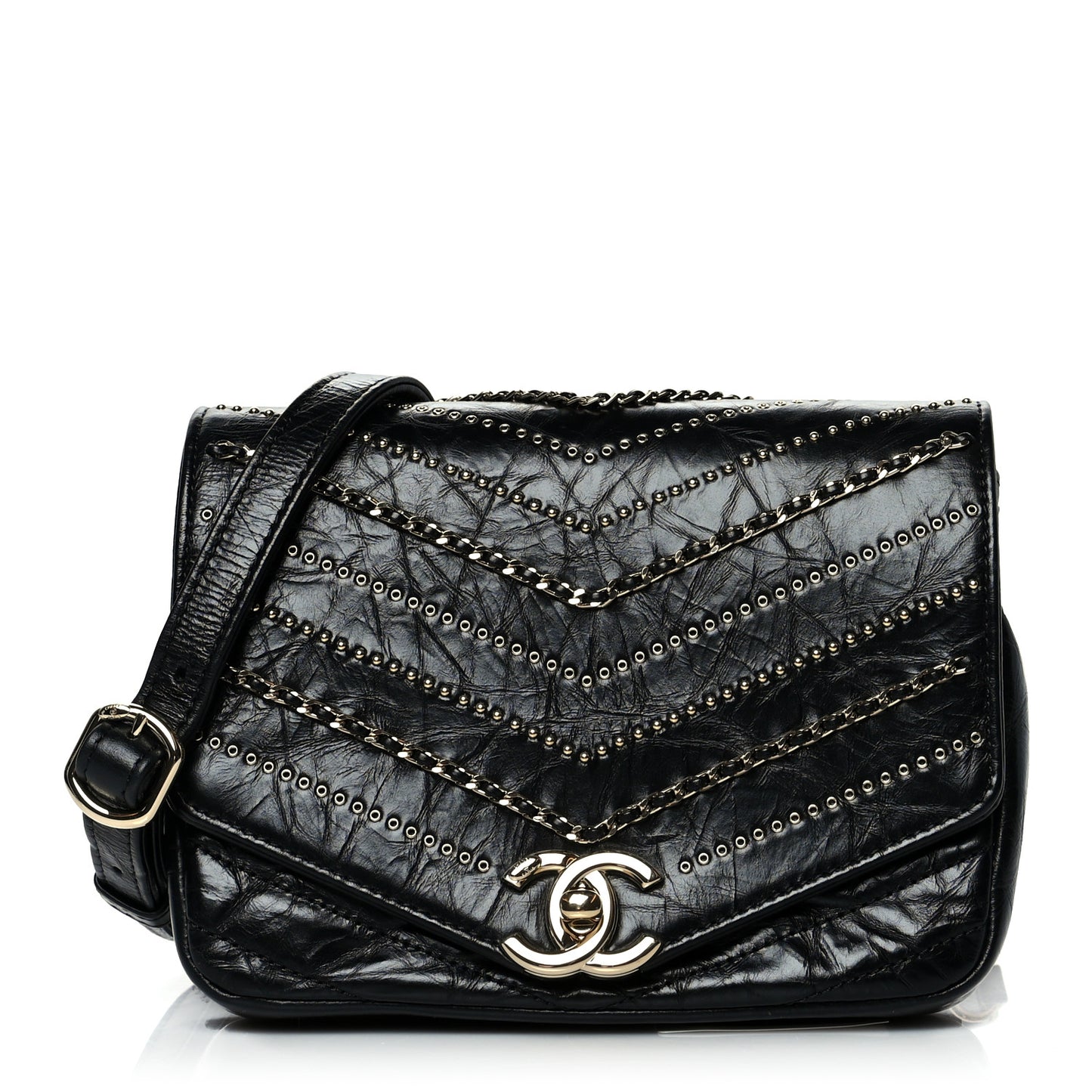 Crumpled Calfskin Chevron Chain Mini Square Flap Black