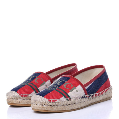 Gucci Canvas Sylvie Stripe Logo Womens Espadrilles 34.5 Mystic White Hibiscus Red Maritime 3 of 12